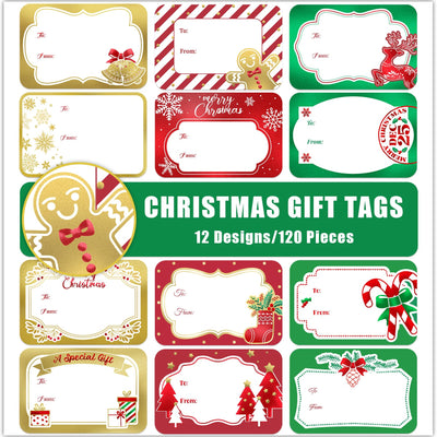 120Pcs Foil Christmas Gift Tags Stickers for Presents, 12 Jumbo Designs, Sooez Self Adhesive to and from Labels, Xmas Peel and Stick Gift Name Tags, Festival Holiday Christmas Wrapping Accessories