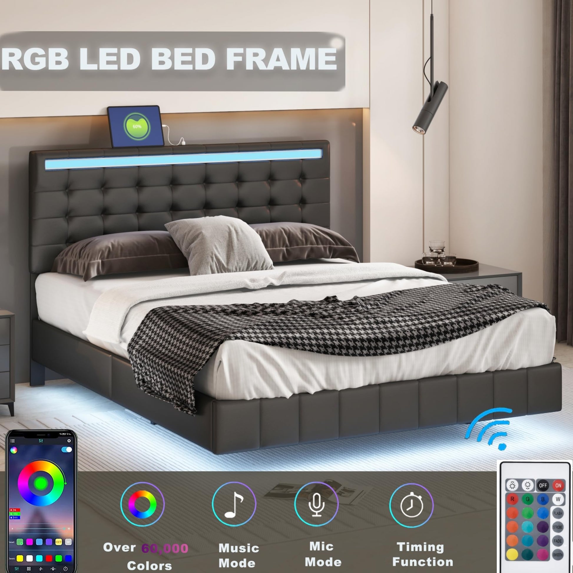 Bellemave Adjustable Queen Size Floating Bed Frame with LED Lights and USB Charger in Black - WoodArtSupply