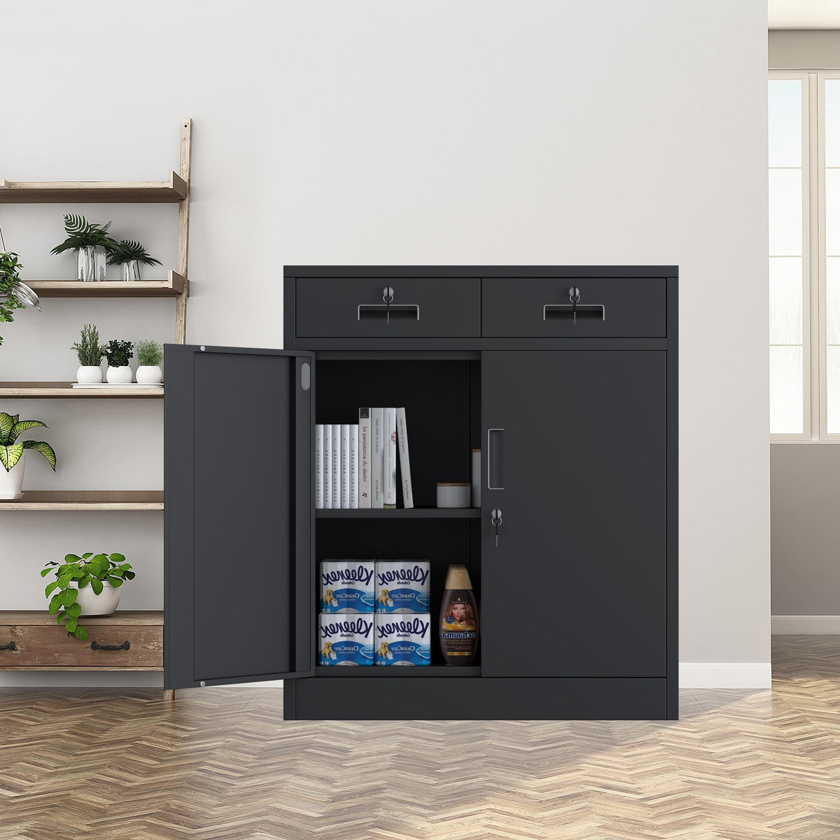 JINKUR Metal Storage Cabinet with Locking Doors and Adjustable Shelf, Lockable Storage Cabinets with Drawers for Home Office Garage Kitchen Pantry (Black) JINKUR