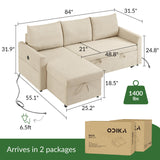 ODIKA L Shaped Convertible Sleeper Sofa Bed, Sectional Couch for Living Room - Dual USB-C Charging, Pull Out Bed, Reversible Chaise with Storage & Pockets, Removable & Washable Beige Linen Covers ODIKA
