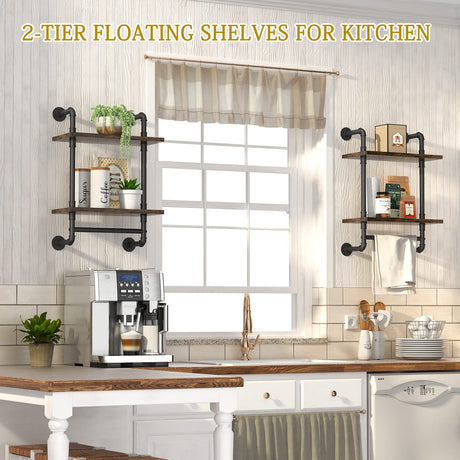 Helsin Industrial Pipe Floating Bathroom Shelves Wall Mounted with Towel bar, 2 Tier Rustic Wood Wall Shelf, 16inch Metal Towel Rack Storage Bookshelf for Bathroom, Kitchen, Farmhouse, Living Room Helsin