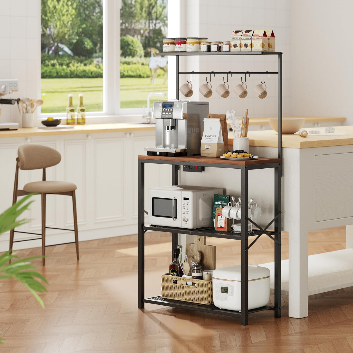 Txecpro kitchen Bakers Rack with Power Outlet, Coffee Bar Table 4 Tiers, Microwave Stand with 6 S-shaped Hooks, Kitchen Storage Shelf Rack for Spices, Pots and Pans，25.6" L x 12" W x 53.5" H Txecpro