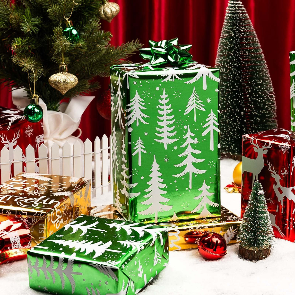 Merture 3 Rolls Christmas Wrapping Paper Set - 17 inch x 120 inch per Roll - Red, Green, Gold Metallic Gift Wrap With Reindeer, Christmas Tree, Snowflake, Dahlia Design Merture