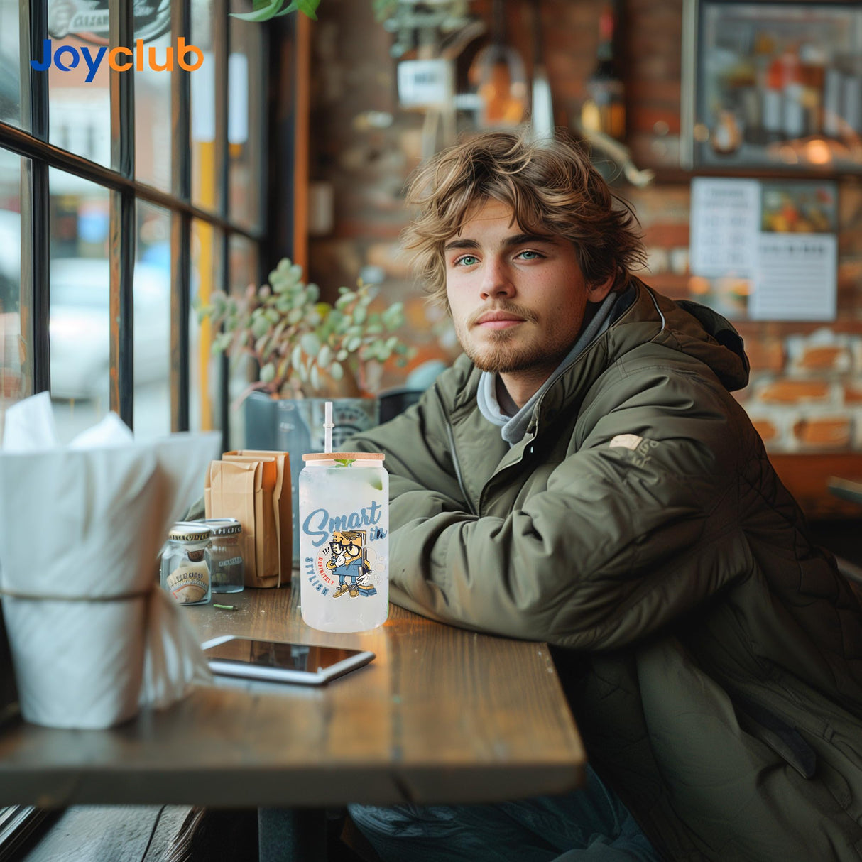 Joyclub 8 Pack Sublimation Glass Cups Blanks with Bamboo Lid 16 OZ Frosted Glass Beer Cans Mason Jar for Iced Coffee Juice Soda Drinks Joyclub