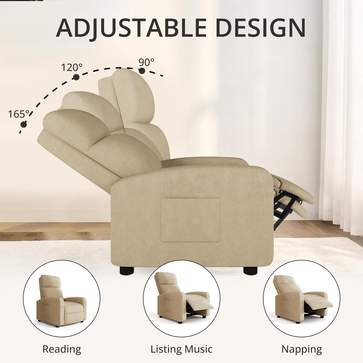 zzlay Recliner Chair for Living Room, Modern Adjustable Home Theater Seating Single Sofa Manual Push Back Armchair with Soft Linen Upholstery & High Backrest for Small Spaces, Linen-Cream zzlay