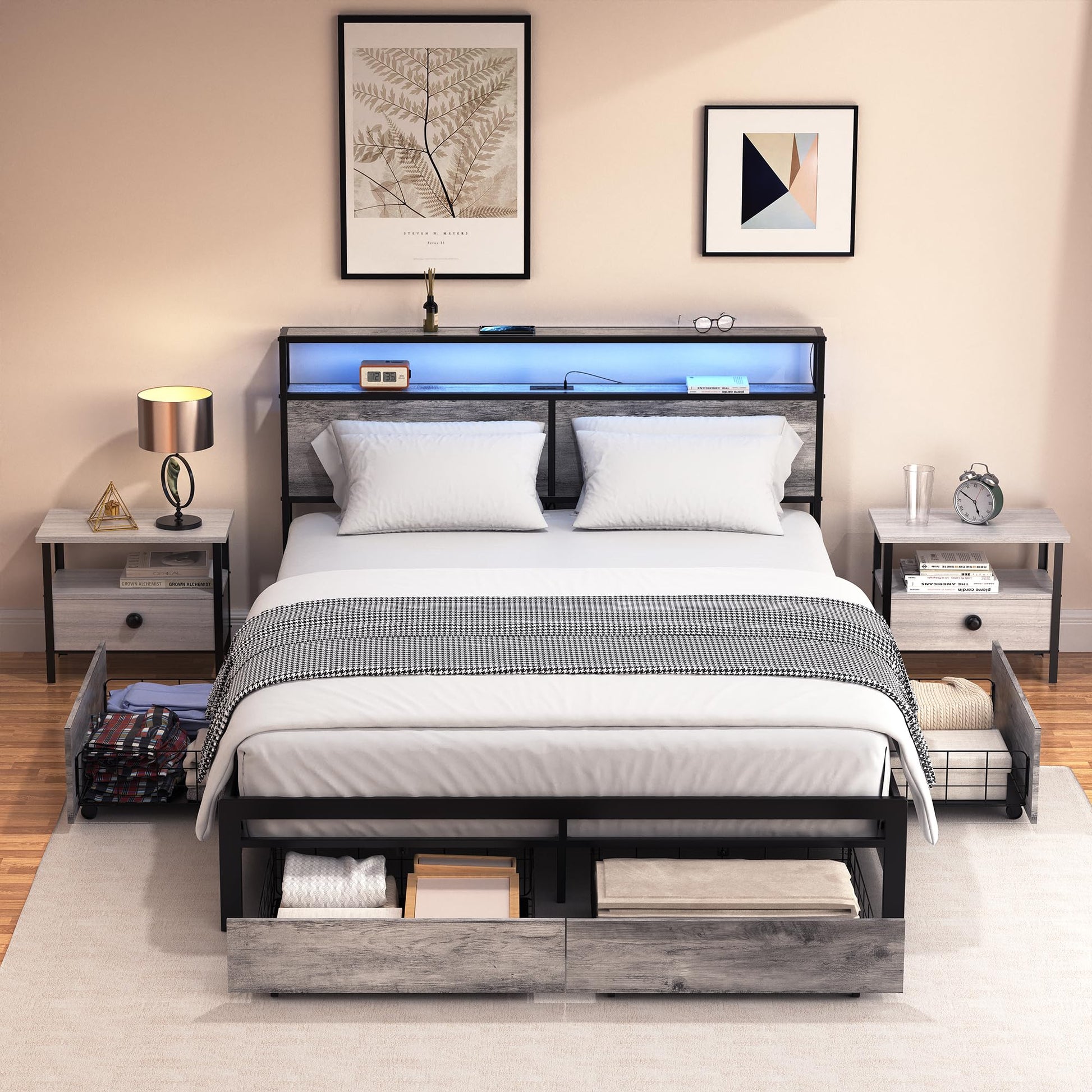 HAUSOURCE Full Size LED Bed Frame with Headboard, 4 Storage Drawers & Integrated USB Ports - WoodArtSupply