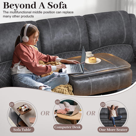 Yolsali 3-Seater Recliner Sofa, Manual Reclining Couch with Multi-Functional Middle Seat, Reclining Sofa for Living Room with Hidden Storage Space, Cup Holders, and Removable Console - Grey Yolsali