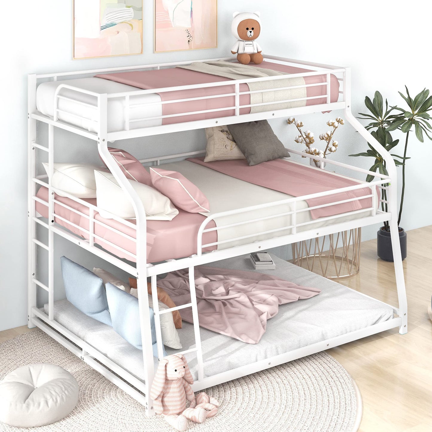 Harper & Bright Designs Metal Triple Bunk Beds,Bunk Beds Twin XL/Full XL/Queen,3 in 1 Triple Bed,Heavy Duty 3 Beds Bunk Bed with Guard Rails & 2 Ladders for Kids,Teens, Adults,White