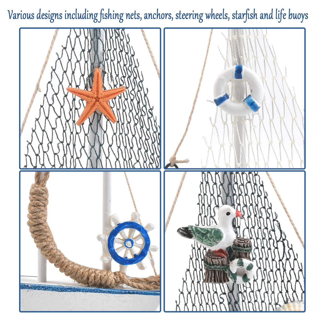 BUYGOO Mini Sailboat Model Decoration - 4-Piece Wooden Miniature Sailing Boat Home Decor Set BUYGO