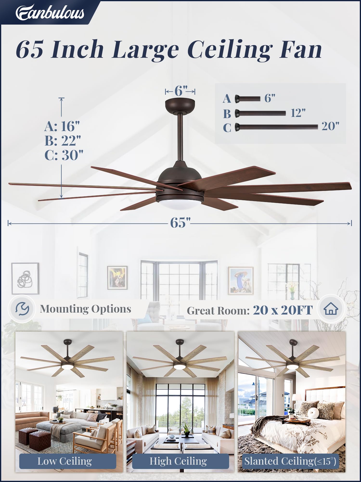 Fanbulous 65 Inch Ceiling Fans with Lights and Remote, Walnut Indoor/Outdoor Ceiling Fan with Quiet Reversible DC Motor, 6 Speeds, 3CCT, 8 Blades Large Ceiling Fan for Living Room Bedroom Pat - WoodArtSupply