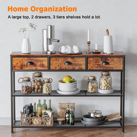Rustic Brown 38'' Furologee Console Sofa Table with 3 Fabric Drawers and Storage Shelves Furologee