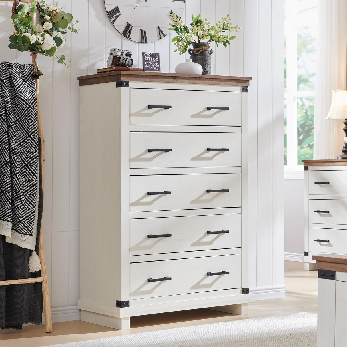 RedLemon Farmhouse 5 Drawers Dresser for Bedroom, Wood Tall Chest of Drawers with Thick Plank Styling, Rustic Closet Dresser for Bedroom, Living Room, Antique White RedLemon