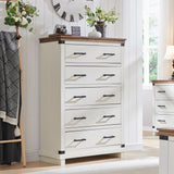 RedLemon Farmhouse 5 Drawers Dresser for Bedroom, Wood Tall Chest of Drawers with Thick Plank Styling, Rustic Closet Dresser for Bedroom, Living Room, Antique White RedLemon