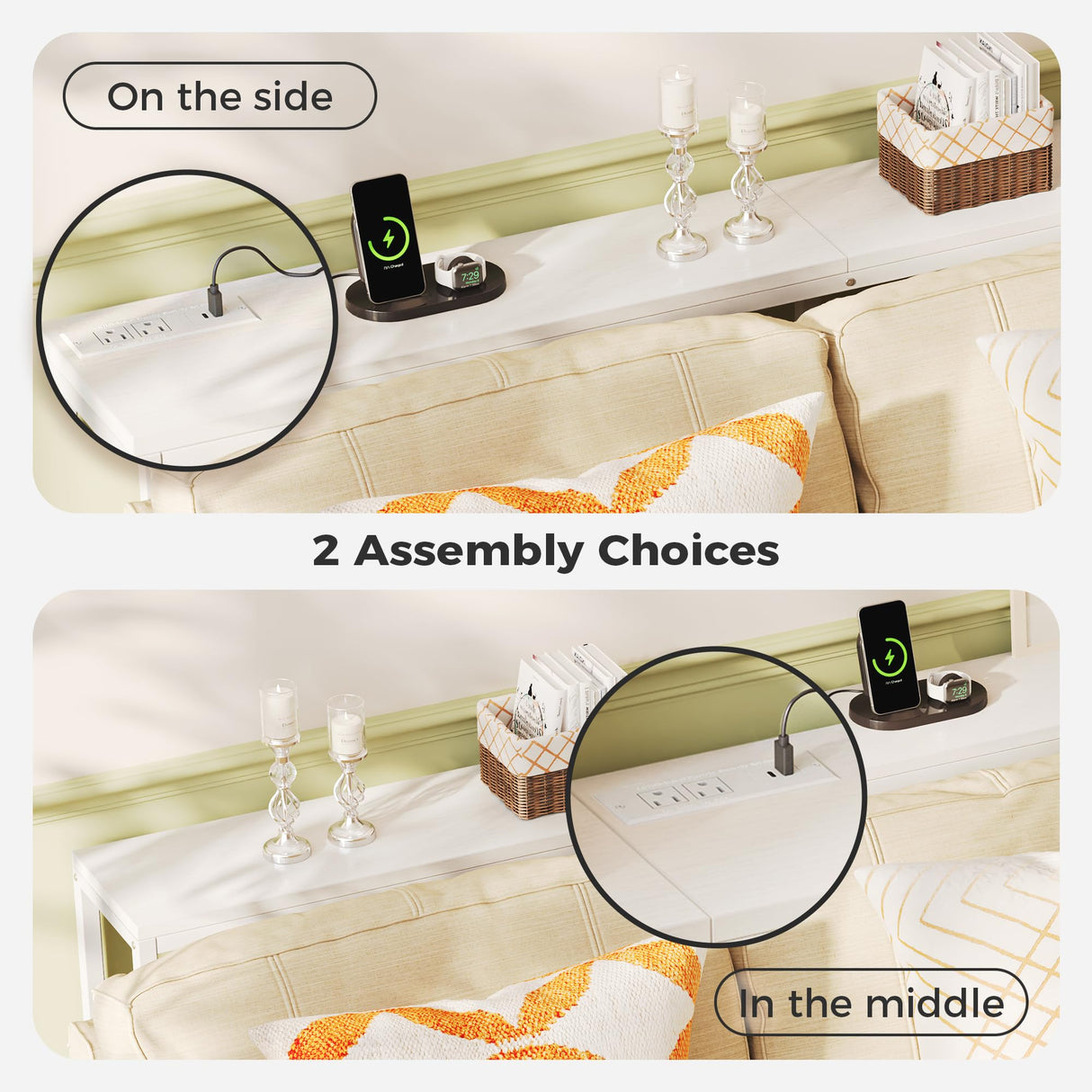 SUPERJARE Console Table with Outlet, 63 Inch Sofa Table with Charging Station, Narrow Entryway Table, Skinny Hallway Table, Behind Couch Table, for Living Room, Plants, White SUPERJARE