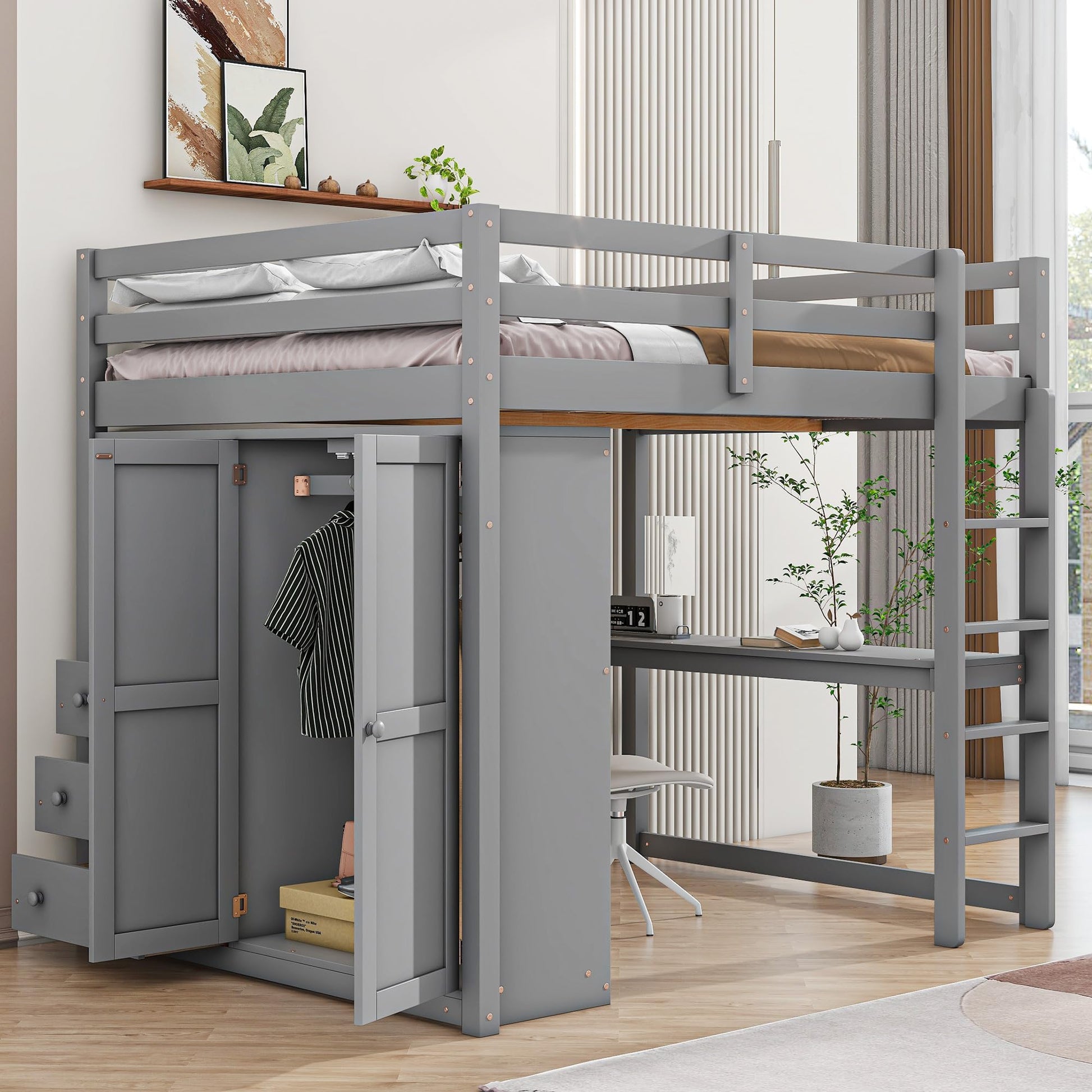 Harper & Bright Designs Full Size Grey Loft Bed with Wardrobe, Desk, and Storage Solutions - WoodArtSupply