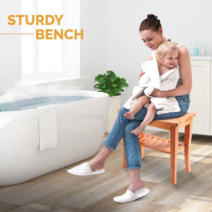 Bamboo Shower Bench - Small Shower Stool with Storage Shelf, Non-Slip Shower Seat, Bathroom Bench, Spa Decor Wooden Shower Bench, Foot Rest Shaving Stool for Shower, Suitable for Indoor/Outdoor Use