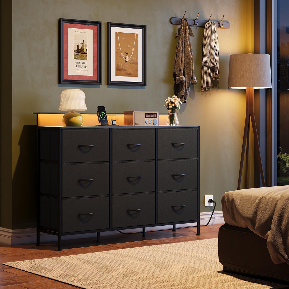 WLIVE Black Dresser TV Stand for 50, 55 inch, Led Dresser for Bedroom, Chest of Drawers with LED Lights, Charging Station, Clothes Storage with 9 Drawers, Wood Top, Living Room, Closet WLIVE