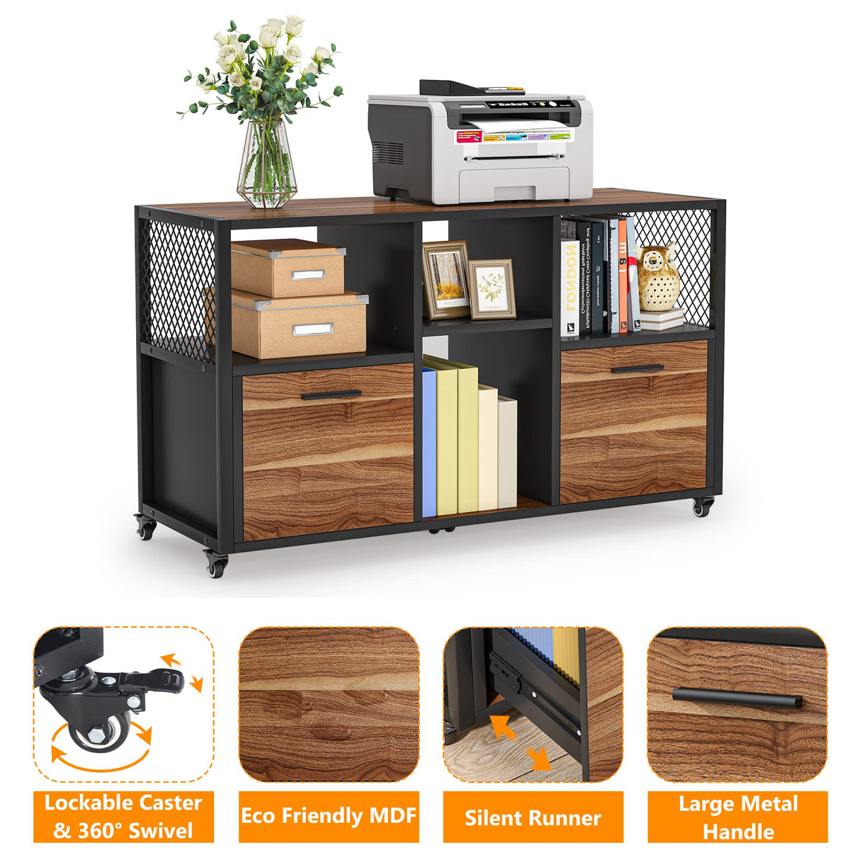 Tribesigns 2 Drawer Wood File Cabinets, Modern Mobile Lateral Filing Cabinet for Letter/ A4 Size, Printer Stand with Open Storage Shelves and Drawer for Home Office, Rustic Walnut Tribesigns