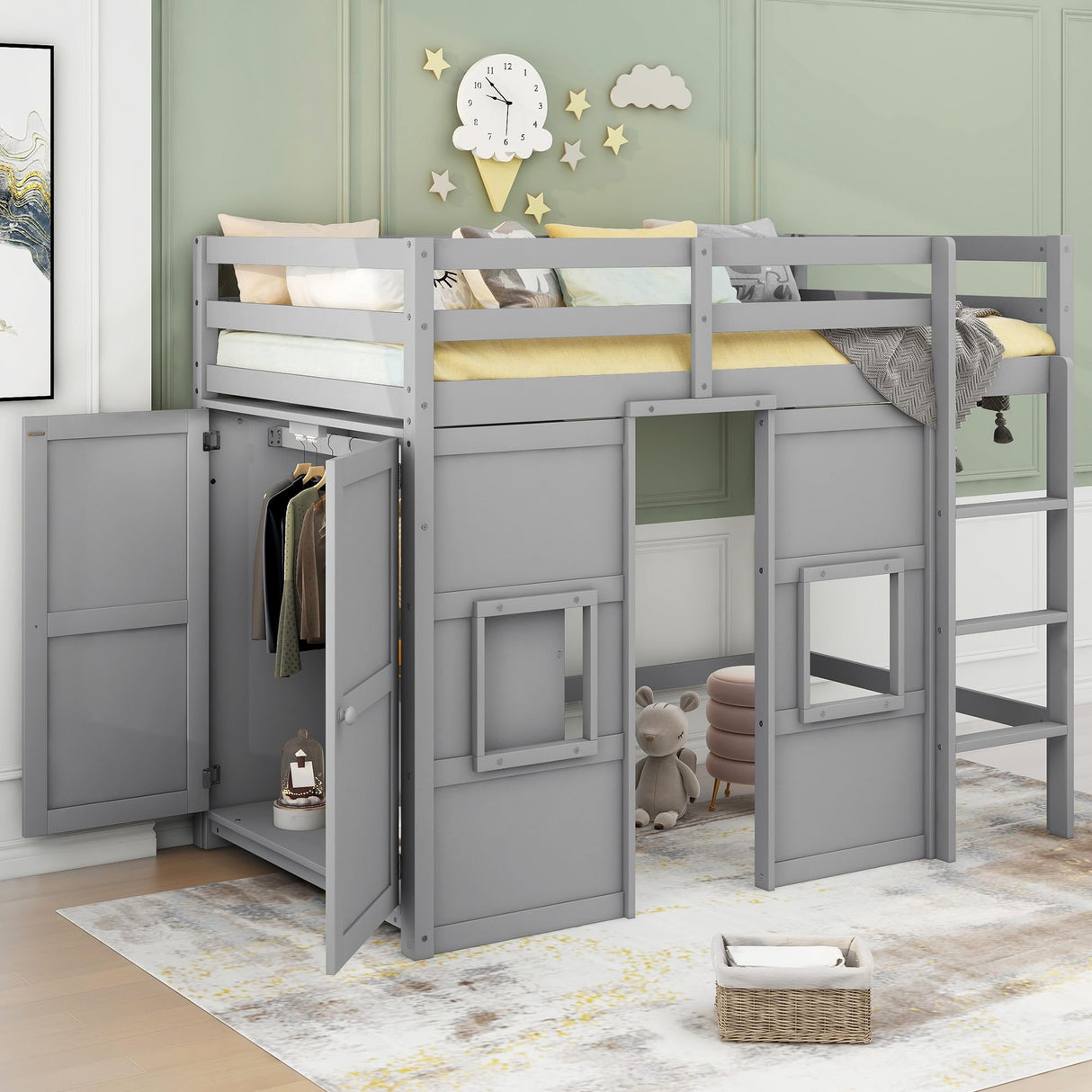 Merax Wood Loft Bed Twin Size with Storage Wardrobe, 2 Windows Design, for Teens, Boys & Girls, Grey Merax