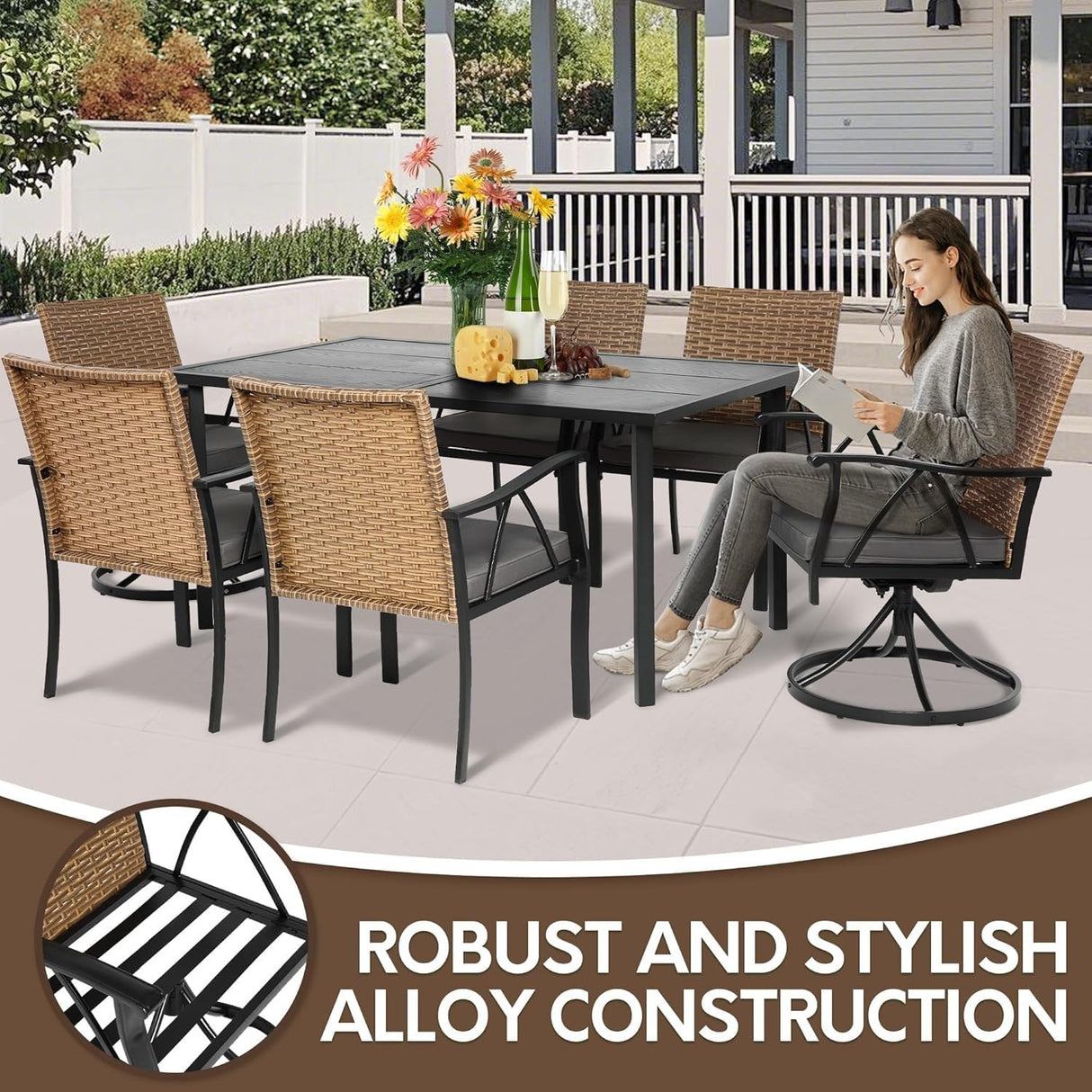 Andehomy 7-Piece Patio Dining Set for 6, Outdoor Dining Set with Wicker Swivel Patio Dining Chairs with Cushions & Black Rectangular Woodgrain Dining Table with 1.75”Umbrella Hole, Black & Brown Andehomy