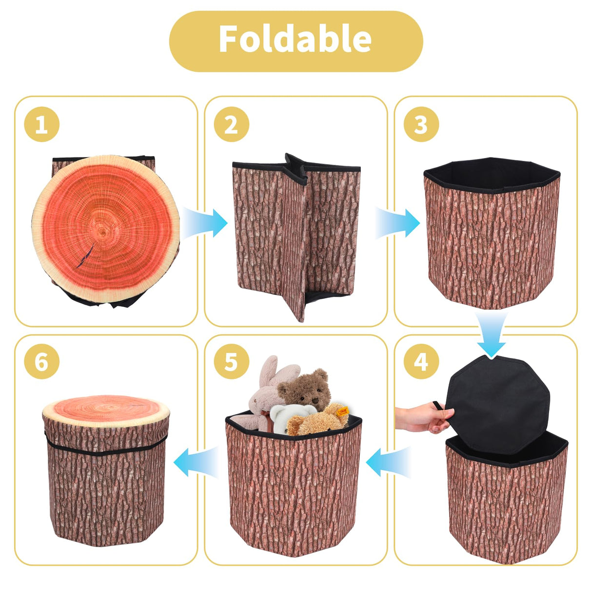 Round Storage Ottoman Cube, Tree Stump Stool, Forest Decor, Multifunctional Toy Storage Box, Cute Foldable Ottoman Stool, Tree Stump footstool Ottoman Storage, 11" Small Foot Stool, Toy Chest Storage Hoohnnaa