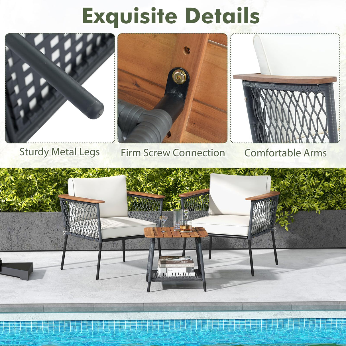 Tangkula 3 Piece Patio Furniture Set, Rattan Chair Set w/ 2-Tier Coffee Table, Acacia Wood Armrests & Tabletop, Soft Seat & Back Cushions, Outdoor Wicker Conversation Set (Off White+Grey) Tangkula