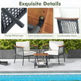 Tangkula 3 Piece Patio Furniture Set, Rattan Chair Set w/ 2-Tier Coffee Table, Acacia Wood Armrests & Tabletop, Soft Seat & Back Cushions, Outdoor Wicker Conversation Set (Off White+Grey) Tangkula