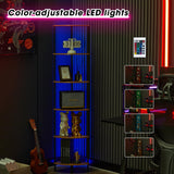 Corner Shelf with LED Light,Tall Corner Shelf,Rustic Industrial Corner Bookshelf, Storage Standing Shelf Unit, Plant Stand, Corner Table for Small Spaces in Living Room,Bedroom,Home Office (6 Tier) Ymesiyou