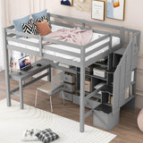 MERITLINE Full Size Loft Bed with L-Shaped Desk,Drawers,Staircase and Bookcase,Solid Wood High Loft Bed with Stairs and Guardrails,for Adults, No Box Spring Needed (Grey,Full) MERITLINE