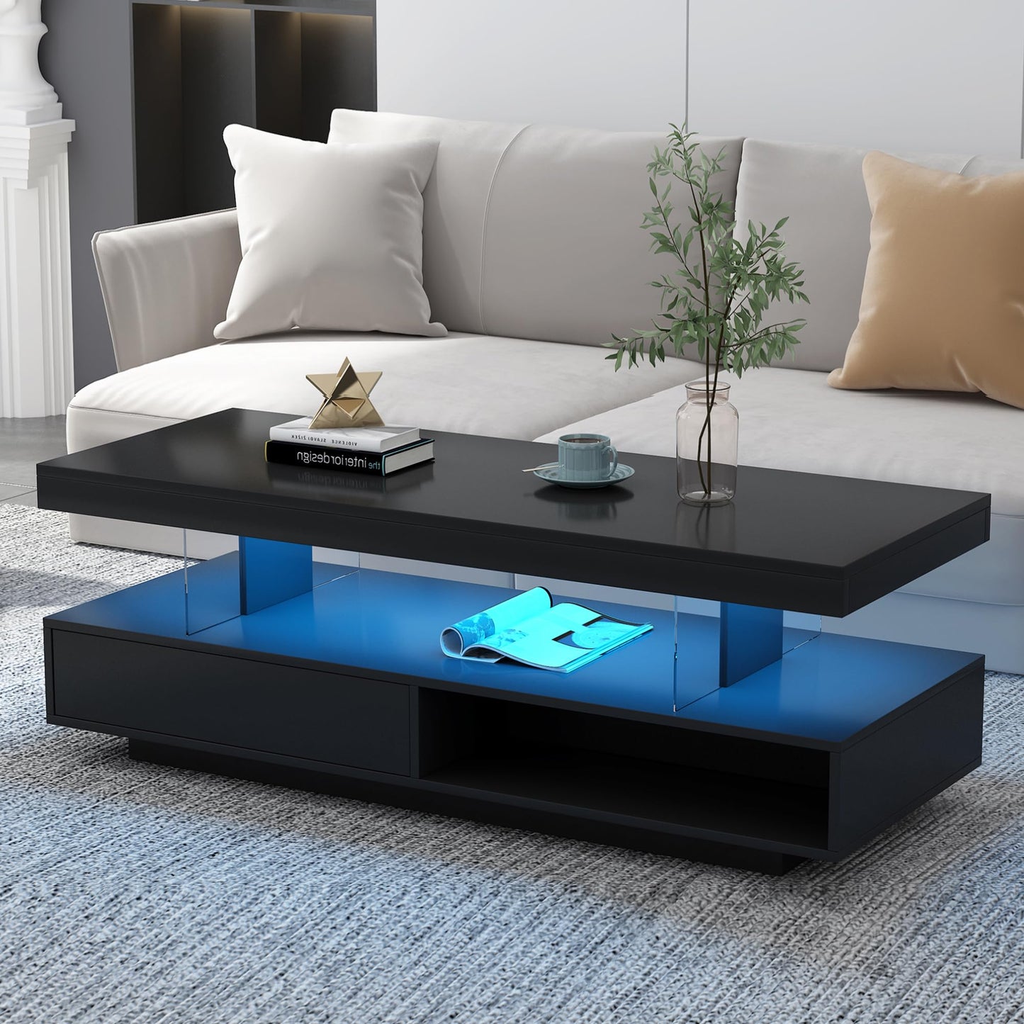 Modern LED Coffee Table with Storage, High Gloss Cocktail Center Table with Drawers, Display Shelves & LED Lights for Living Room, 51.2’’, Black