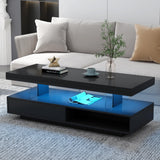 Modern LED Coffee Table with Storage, High Gloss Cocktail Center Table with Drawers, Display Shelves & LED Lights for Living Room, 51.2’’, Black Amposei