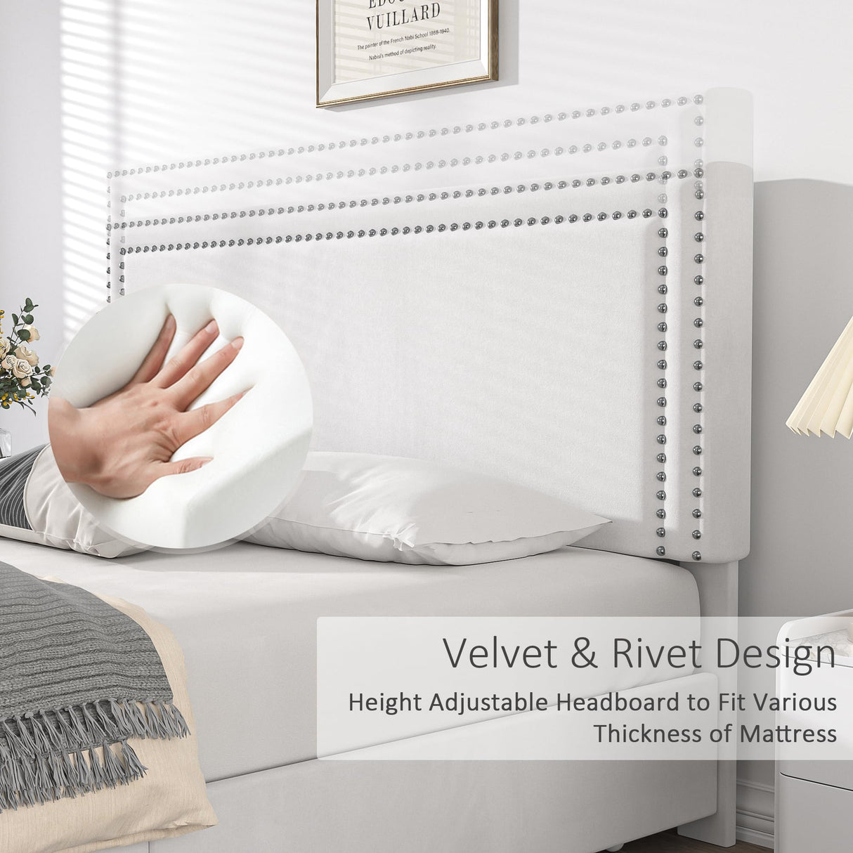 VECELO Full Size Upholstered Platform Bed Frame with 4 Storage Drawers, Adjustable Velvet Rivets Headboard, Wooden Slats Support, No Box Spring Needed, Easy Assembly VECELO