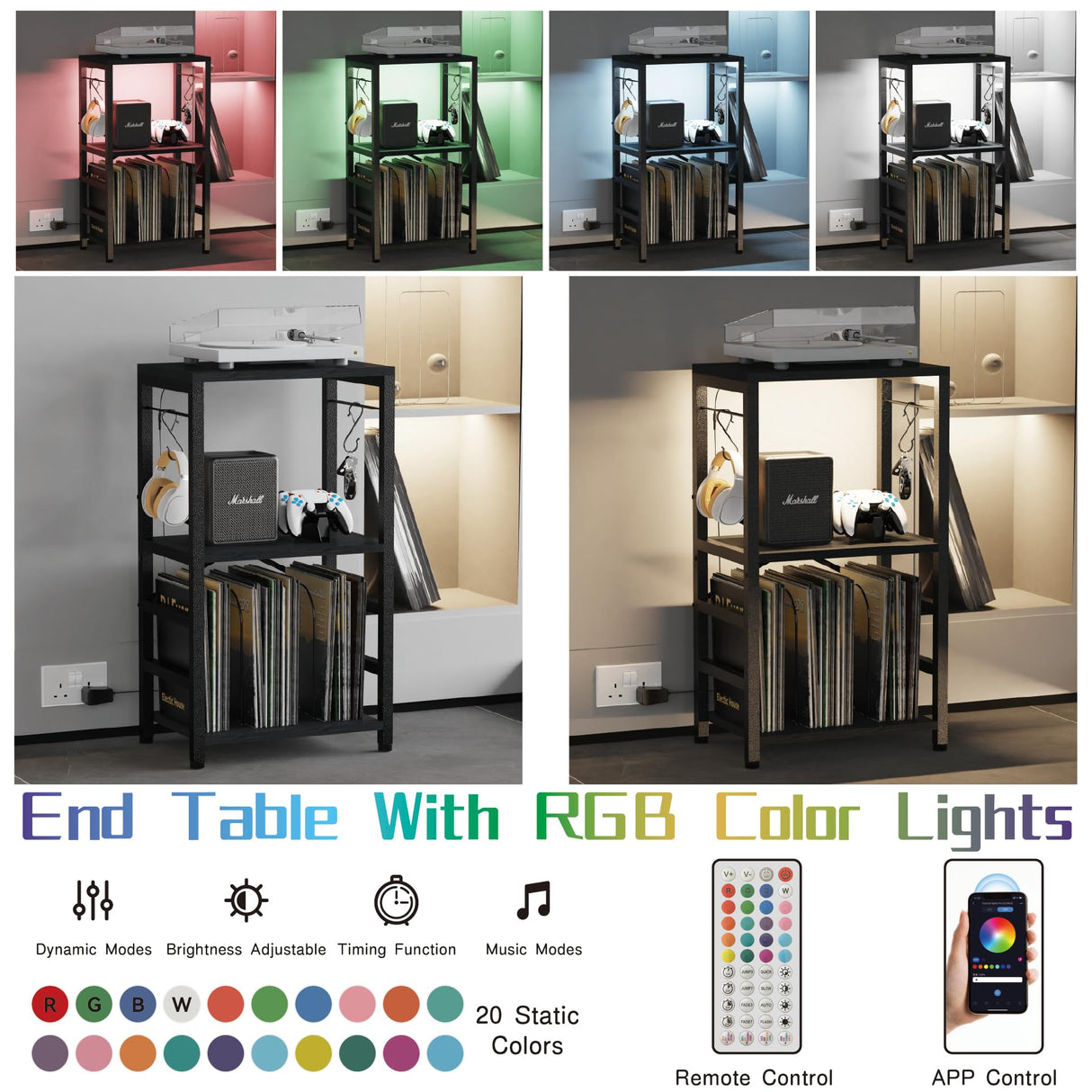 YAKANJ End Table with LED Light,Record Player Stand with Albums Storage,Vinyl Records Storage,Turntable Stand Side Table for Music Room Studio Living Room Bedroom-Modern Black YAKANJ