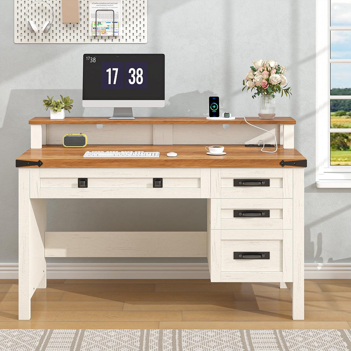 YOMILUVE Farmhouse Executive Desk with Drawers, 47" Computer Desk with Power Outlets, Home Office Desk with Monitor Stand & 4 Drawers, Small Desk Writing Study Table, Antique White YOMILUVE