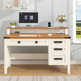 YOMILUVE Farmhouse Executive Desk with Drawers, 47" Computer Desk with Power Outlets, Home Office Desk with Monitor Stand & 4 Drawers, Small Desk Writing Study Table, Antique White YOMILUVE