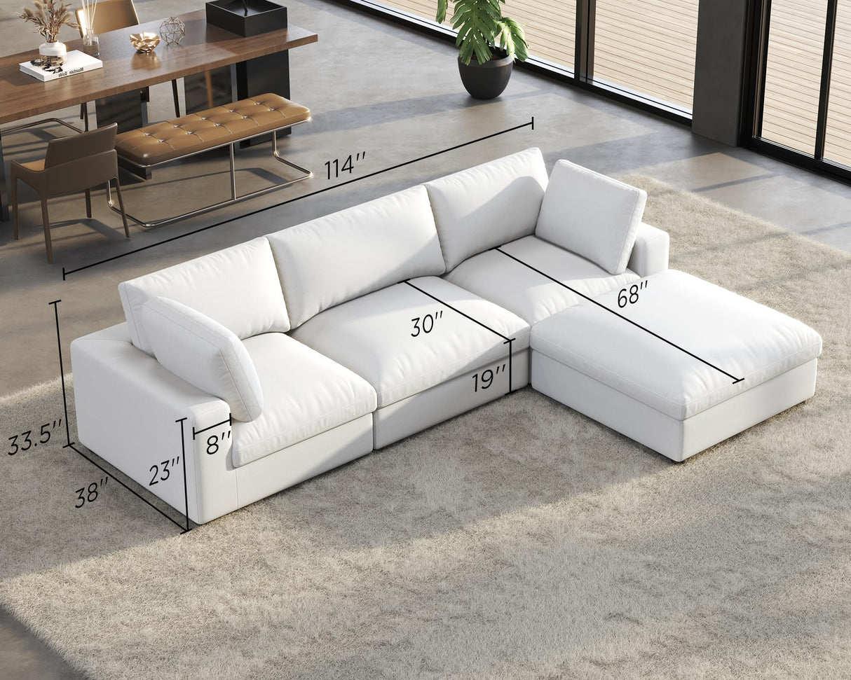 AMERLIFE 114 Inches Modular Sectional Couch, Feather Down Filled Sectional Couch, 4 Seats L Shaped Sofa with Chaise, Ottoman, Cloud Sofa for Living Room Apartment, White Linen AMERLIFE