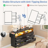 Whalefall Bedroom Dresser with LED Lights, Black 6 Drawers Dresser for Bedroom with Charging Station 55in Large Chest of Drawers, Wood Dresser TV Stand for Living Room Closet Entryway (Black) Whalefall