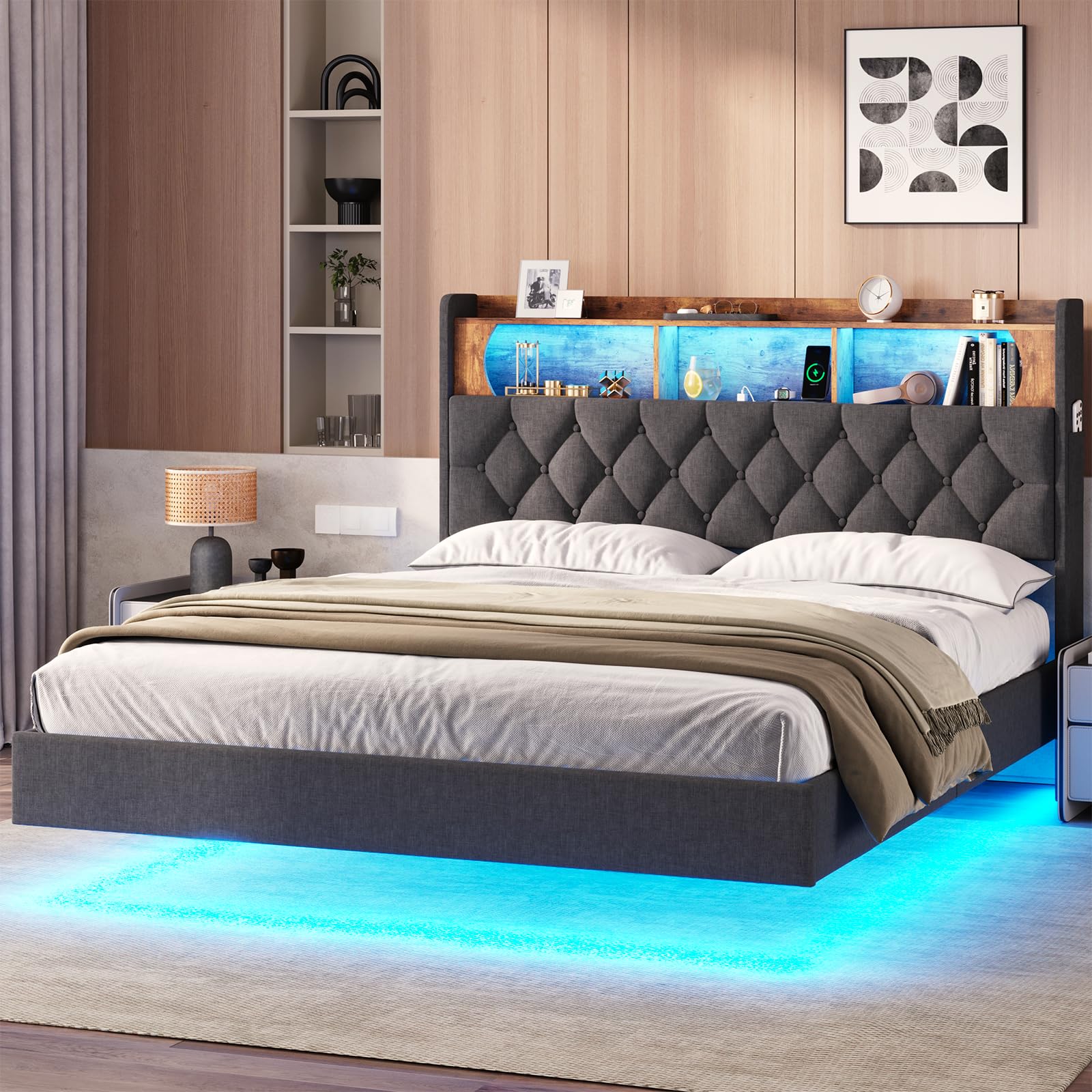 BTHFST Dark Grey Floating Bed Frame with LED Lights and Storage Headboard, Queen Size, No Box Spring Required - WoodArtSupply