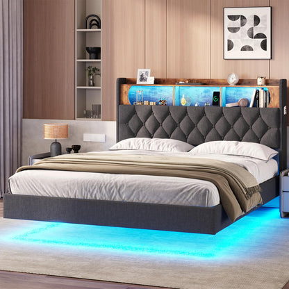 BTHFST Dark Grey Floating Bed Frame with LED Lights and Storage Headboard, Queen Size, No Box Spring Required - WoodArtSupply