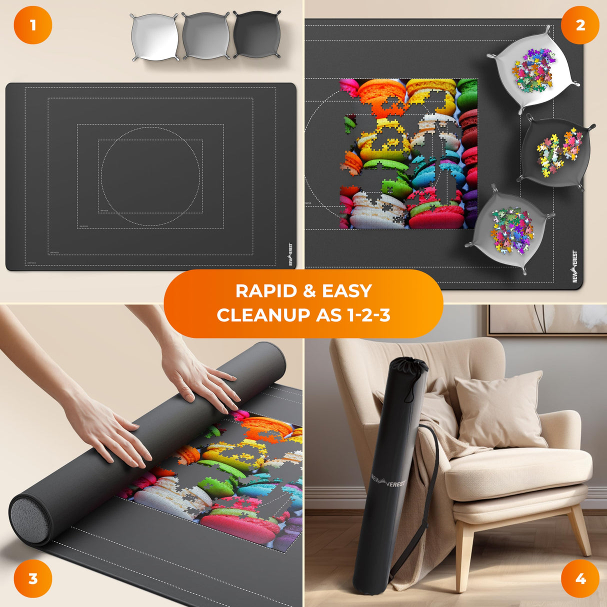 Newverest Jigsaw Puzzle Mat Roll Up, Saver Pad 55” x 35.5” Portable Keeper Up to 3000 Pieces with Non-Slip Rubber Bottom and Polyester Top + 3 Puzzle Sorting Trays, Travel-Friendly Storage Bag Newverest