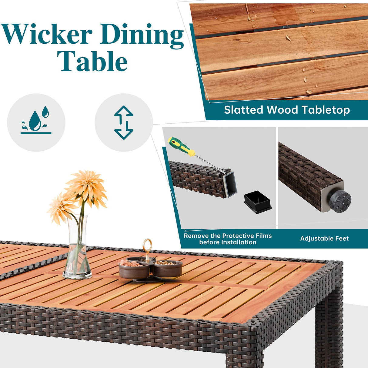 Shintenchi 7 Pieces Patio Dining Set, Wicker Patio Conversation Set with Wooden Table Top, Outdoor Table and Chairs with Soft Cushions for Backyard, Deck and Garden, Brown Rattan Shintenchi