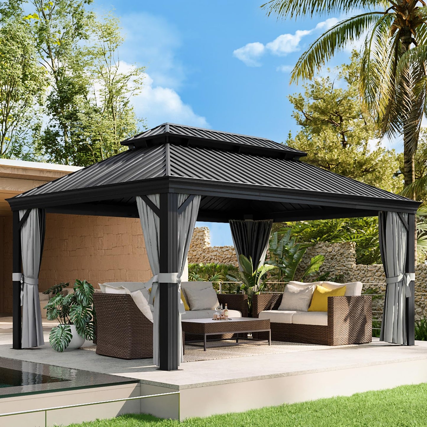 Aoxun 12' X 16' Permanent Hardtop Gazebo Aluminum Gazebo with Galvanized Steel Double Roof for Patio Lawn and Garden, Curtains and Netting Included, Grey