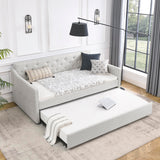 SLEERWAY Daybed with Trundle, Linen Upholstered Tufted Twin Size Day Bed Pull-Point Sofa Daybed Frame with Twin Roll-Out Trundle, No Box Spring Needed, Furniture for Bedroom, Living Room, Beige SLEERWAY
