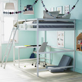BizChair Full Size Loft Bed with Integrated Desk - White Wood Slats - Space-Saving Design for Kids and Teens BizChair