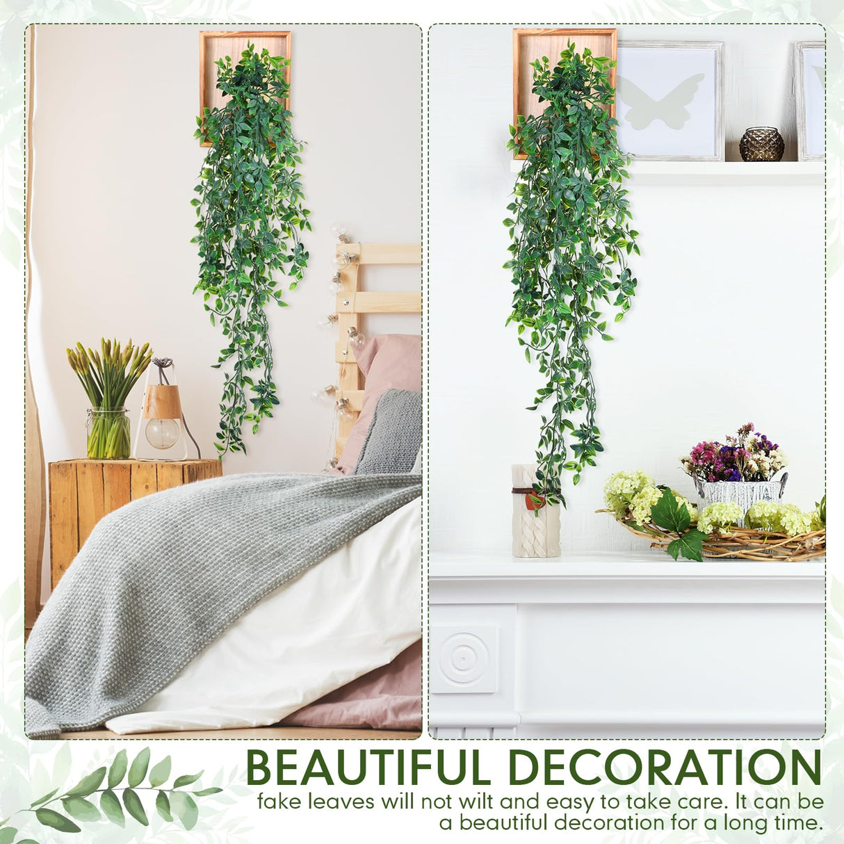 Briwooody 2 Pack Artificial Hanging Plants with Wooden Frames Fake Hanging Mandala Leaves Greenery Plants Mandala Vine for Wall Living Room Decor Bathroom Shelf Home Indoor Briwooody