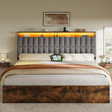 YITAHOME King Size Lift Up Bed Frame with Charging Station & RGB LED Lights, Linen Upholstered Storage Headboard Bed, Heavy Duty Wooden Slats, No Box Spring Needed, Noise Free, Rustic Brown and Grey YITAHOME