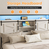 Fameill Farmhouse King Size Bed Frame with 4 Drawers and Bookcase Headboard, Sliding Barn Door Storage Shelves, LED Lights and Charging Station, No Box Spring Needed, Antique White Fameill