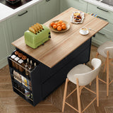 55.6“ Kitchen Island On Wheels, Rolling Kitchen Island Cart with Drop Leaf, Kitchen Storage Cabinet with 3 Drawers and Inner Adjustable Shelves for Dining Room/Living Room, Towel Rack Spice Cart Black VALONDINO