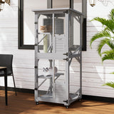 LEMBERI Cat House Catio Outdoor Enclosure Window, 71" Large Outside Patio Wooden Cat Cage with Wheels, Scratching Post, Waterproof Roof (Gray) LEMBERI