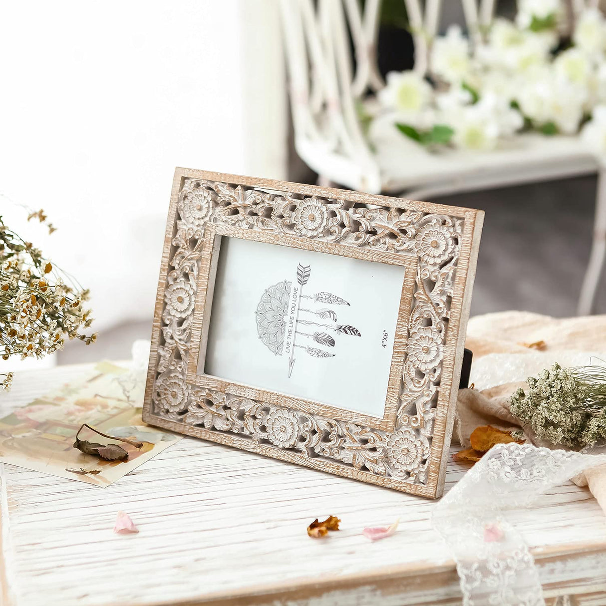 NIKKY HOME Farmhouse Boho Style Floral Picture Frame 4x6 Rustic Resin Photo Frame with Distressed White Finish, High Definition Glass for Wall and Table Top Display NIKKY HOME